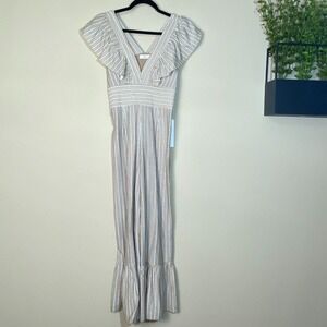 NSR TAN STRIPPED ROMPER WITH RUFFLES